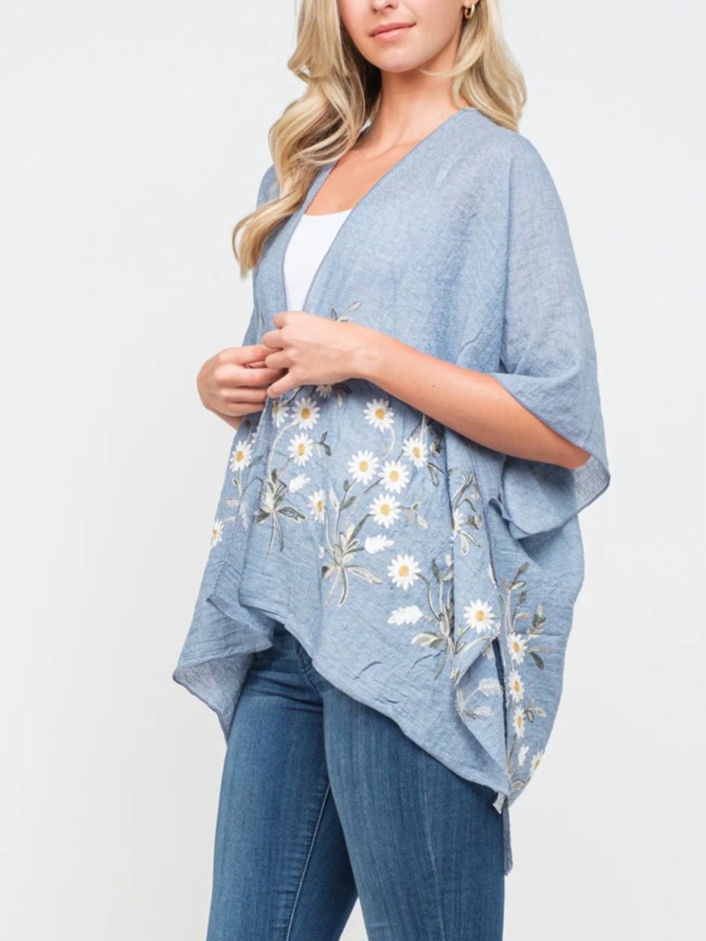 Light Blue Floral Embroidered Open Front Poncho - Picture 2 of 6